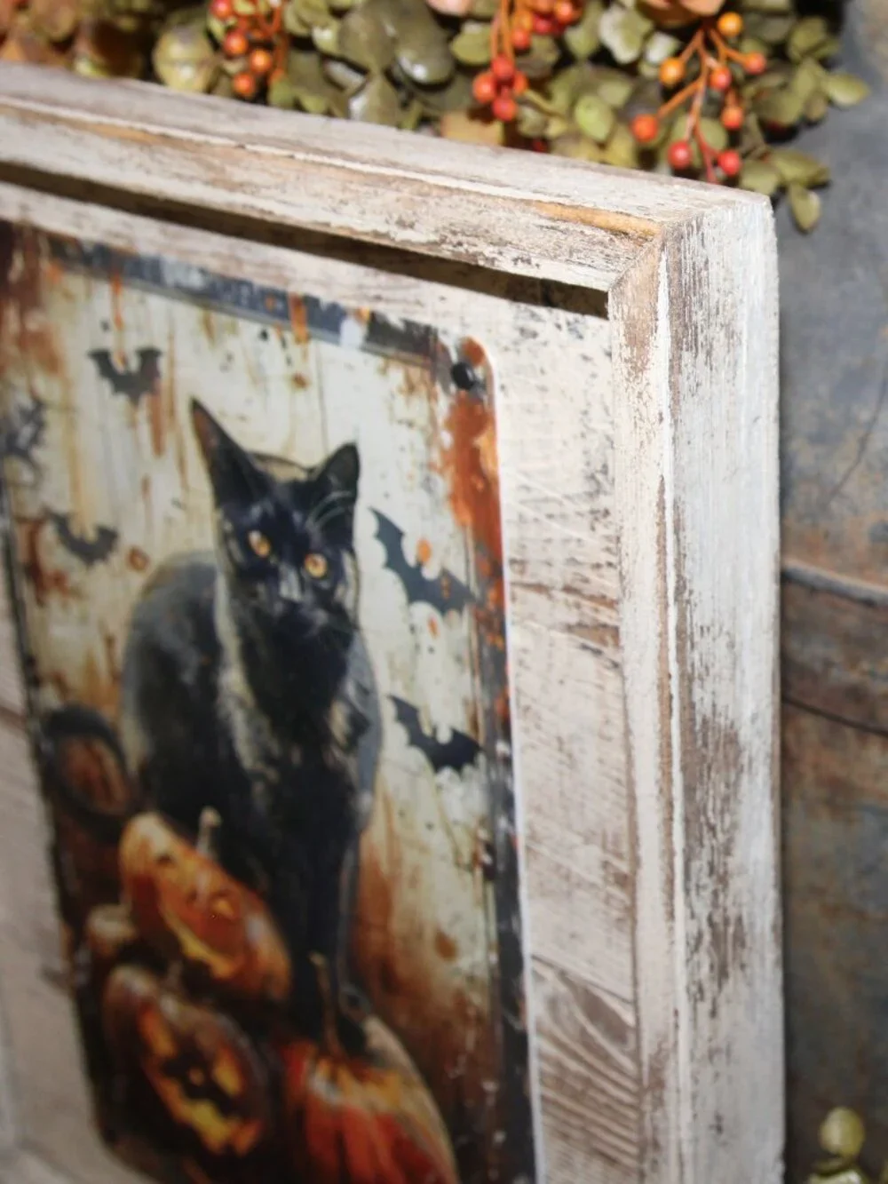NEW Black Cat on Jack-O-Lantern with Bats Rustic Farmhouse Halloween Wall Decor